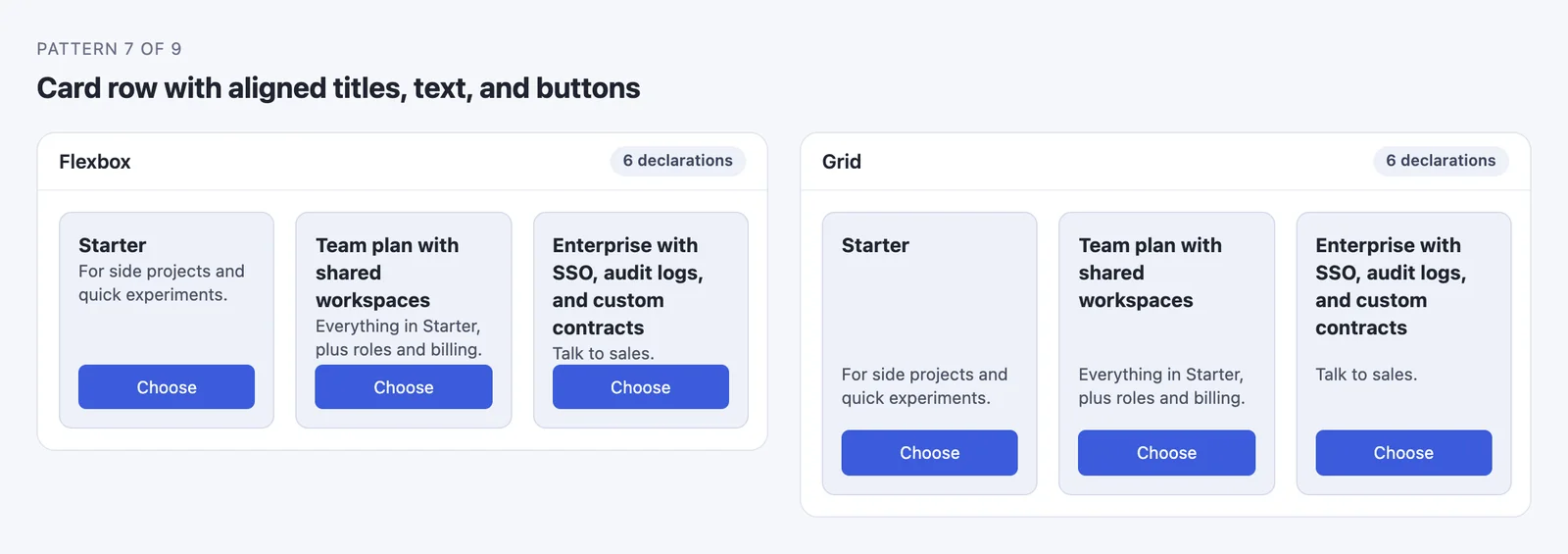 Three pricing cards built with flexbox and with grid subgrid: in flexbox the buttons align but descriptions start at different heights, in grid every title, description, and button row lines up