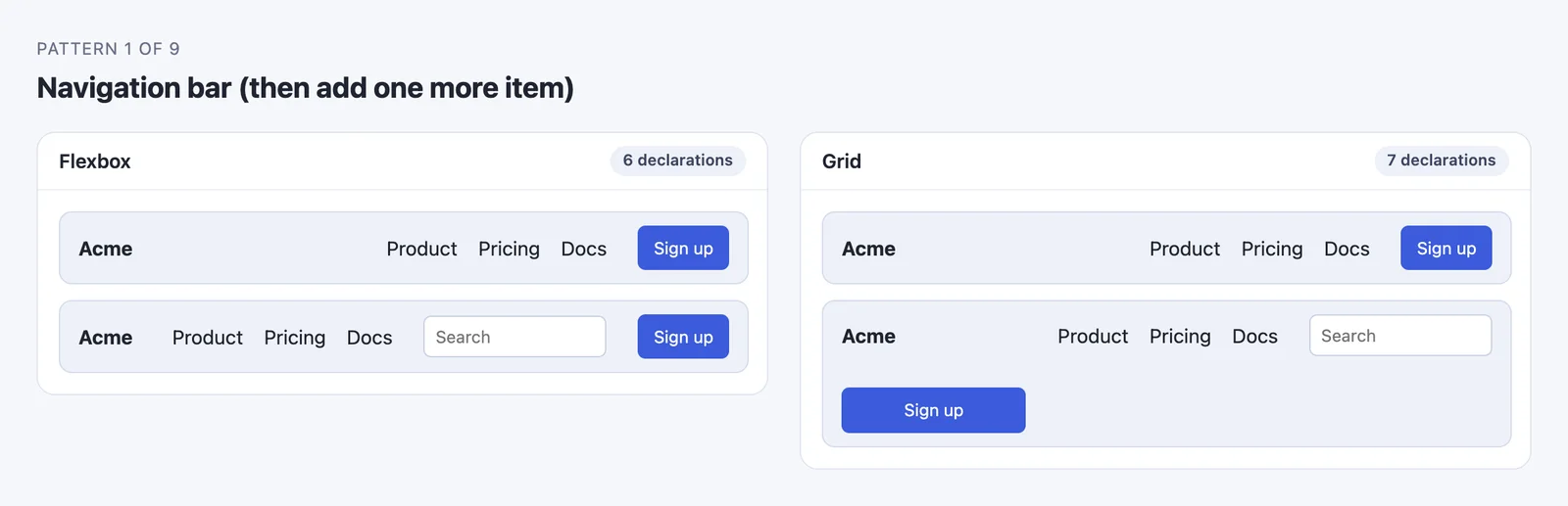 Flexbox vs grid navigation bar test: after adding a search box, the grid version pushes the Sign up button onto a second row while flexbox fits it in one line