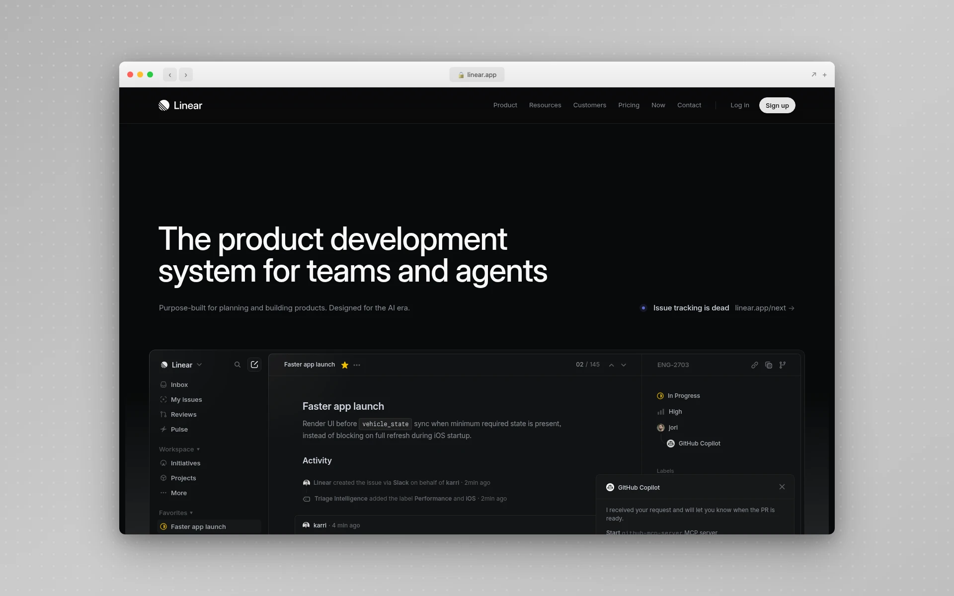 Linear's homepage showing the dark-mode-first product surface, sub-100ms interaction design language, and minimal decorative color