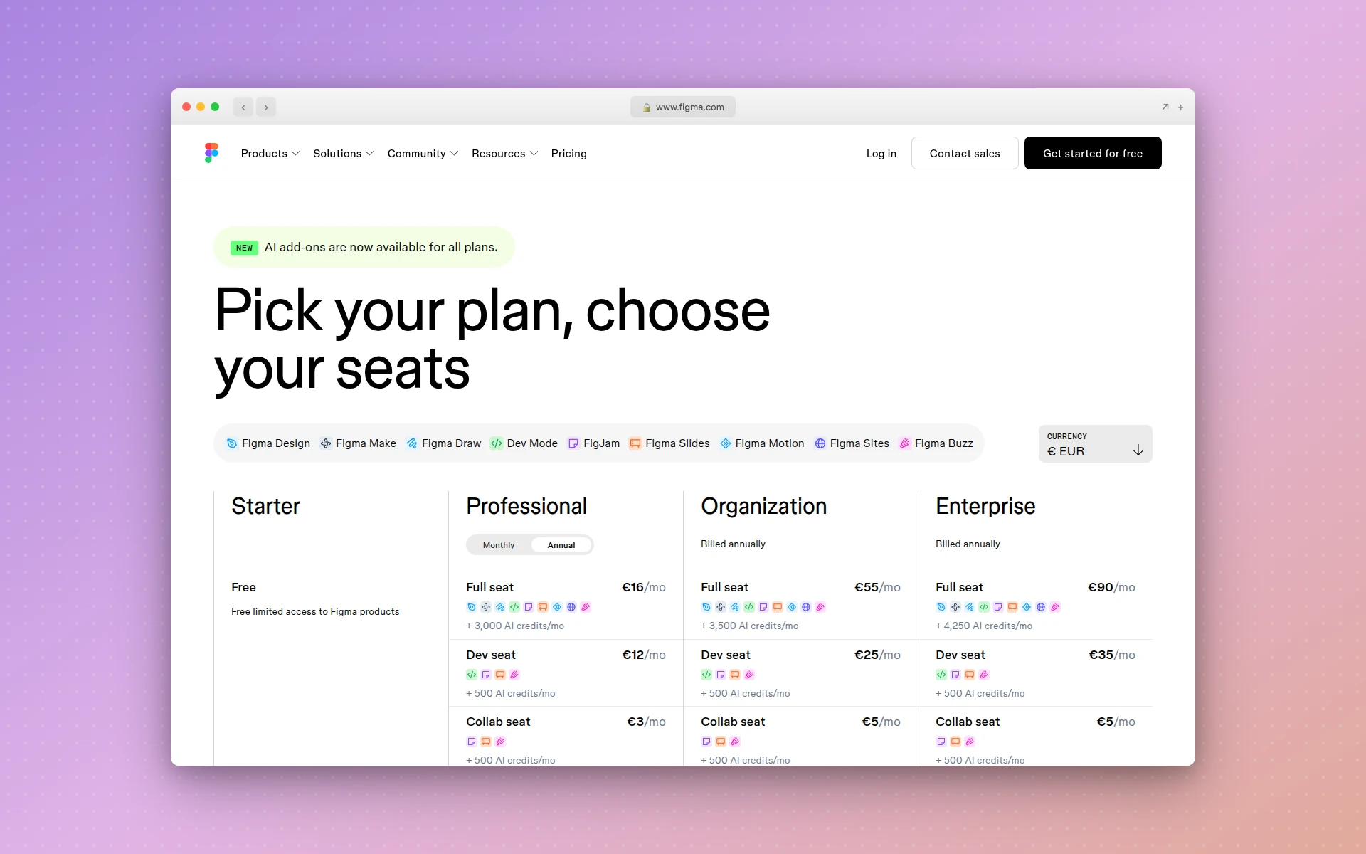 Figma's pricing page showing the free Starter plan alongside paid Professional seats