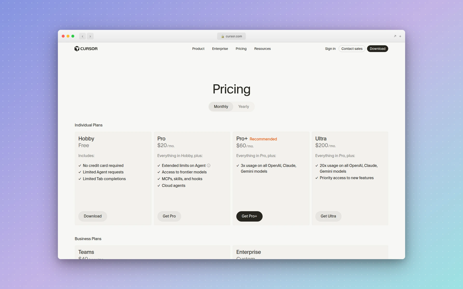 Cursor pricing plans