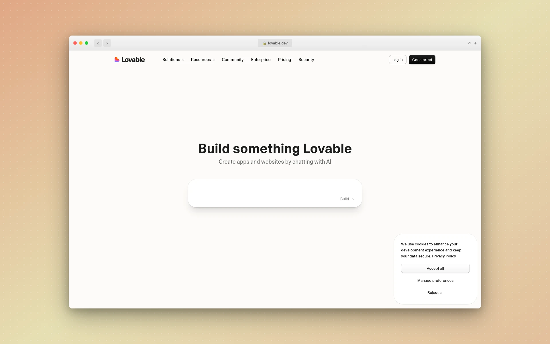 Lovable homepage showing its build-by-chatting prompt box