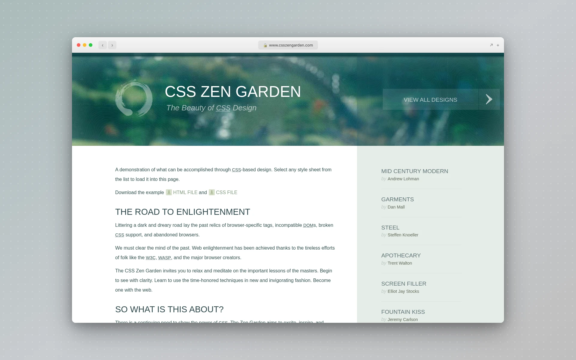 CSS Zen Garden homepage, a showcase where designers restyle the same HTML file with their own CSS