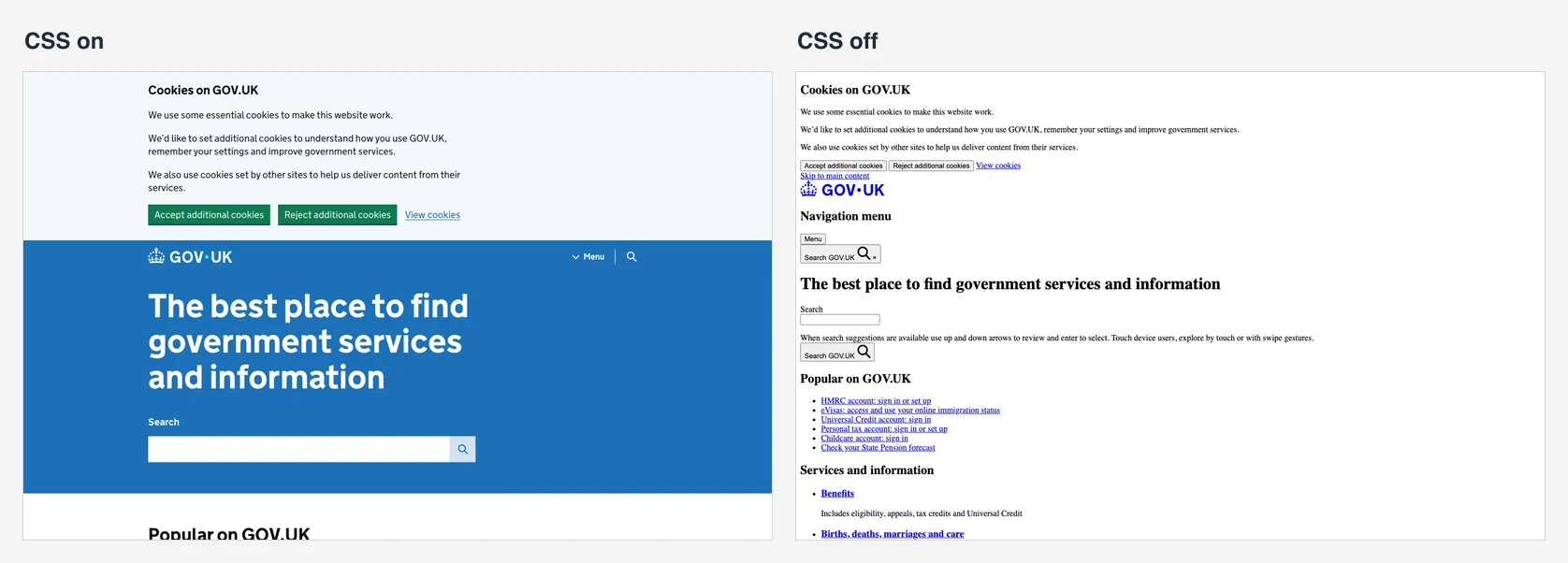 GOV.UK homepage side by side with CSS on and with CSS turned off: the same content in the same order, shown in browser default styles