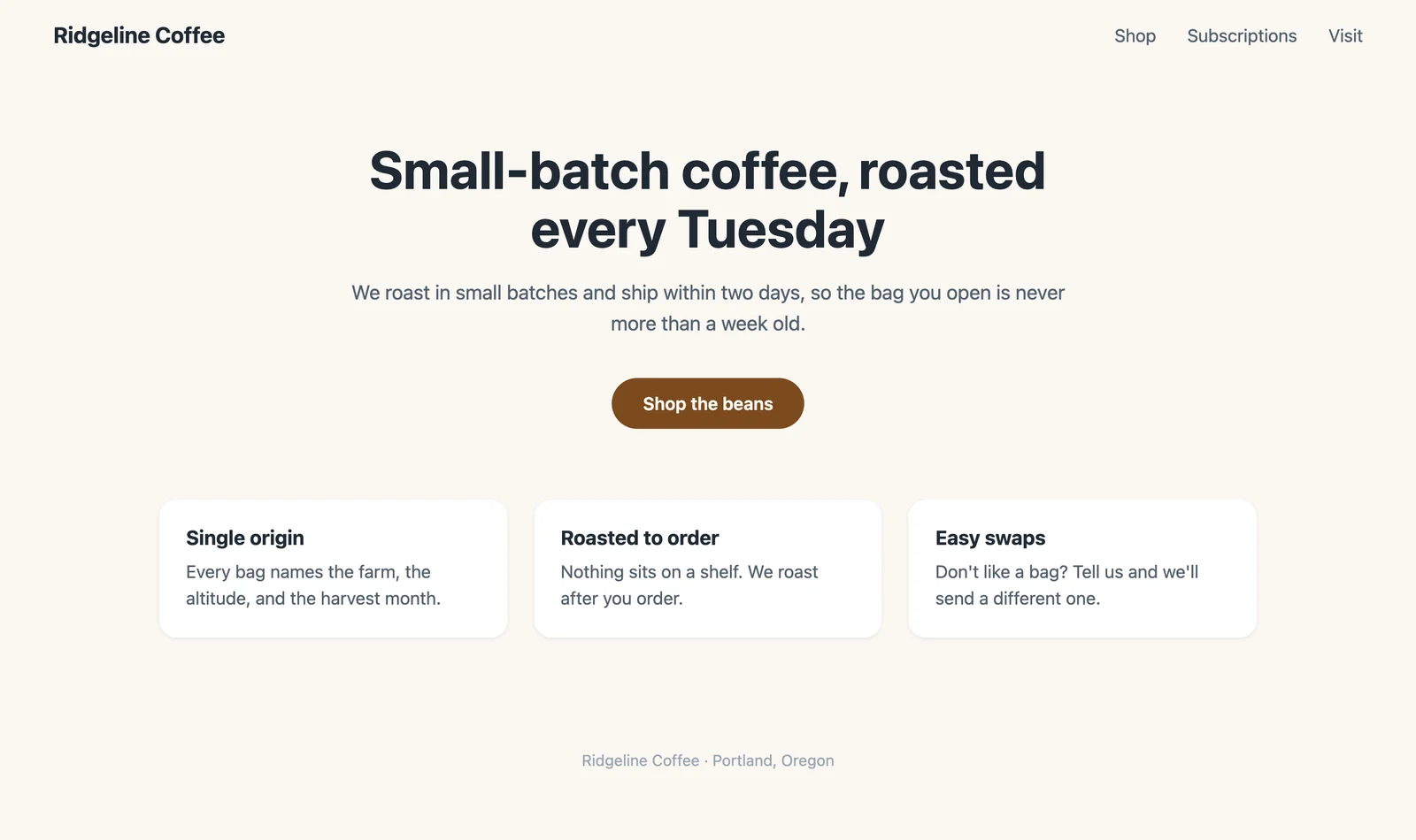 The same Ridgeline Coffee HTML with a light stylesheet: a cream background, centered bold headline, brown pill button, and three white feature cards in a row