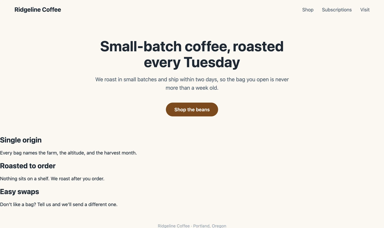 The Ridgeline Coffee page with light.css after renaming one class: the header and hero keep their styles while the feature cards collapse into plain stacked text on the left