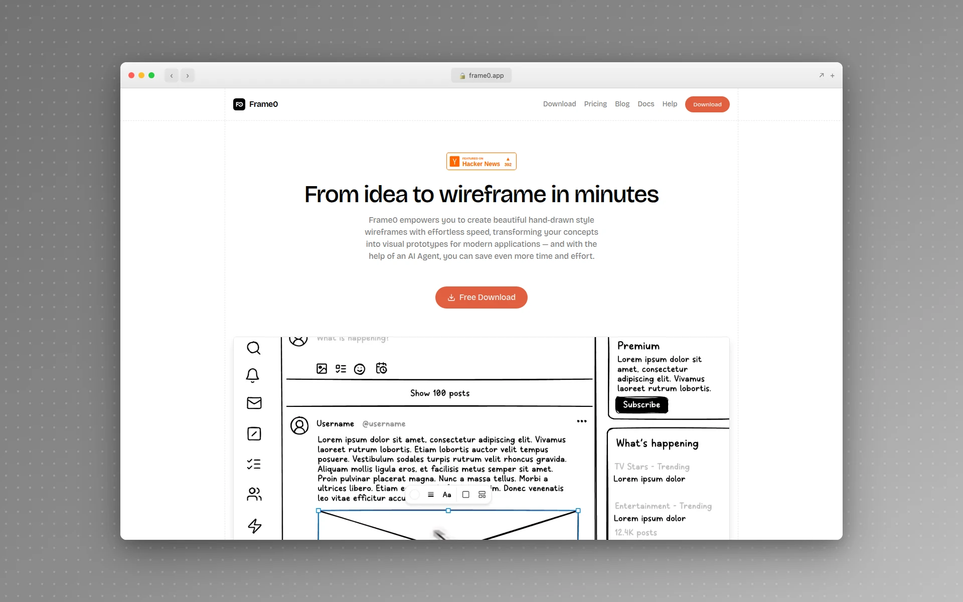 Frame0 hand-drawn wireframing tool homepage