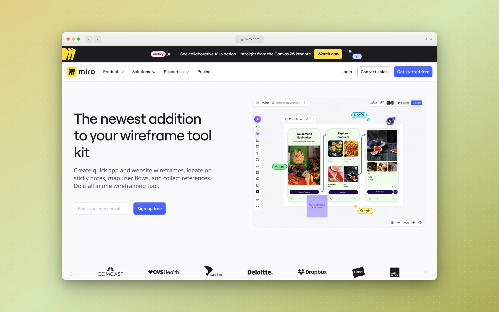 Miro wireframe page
