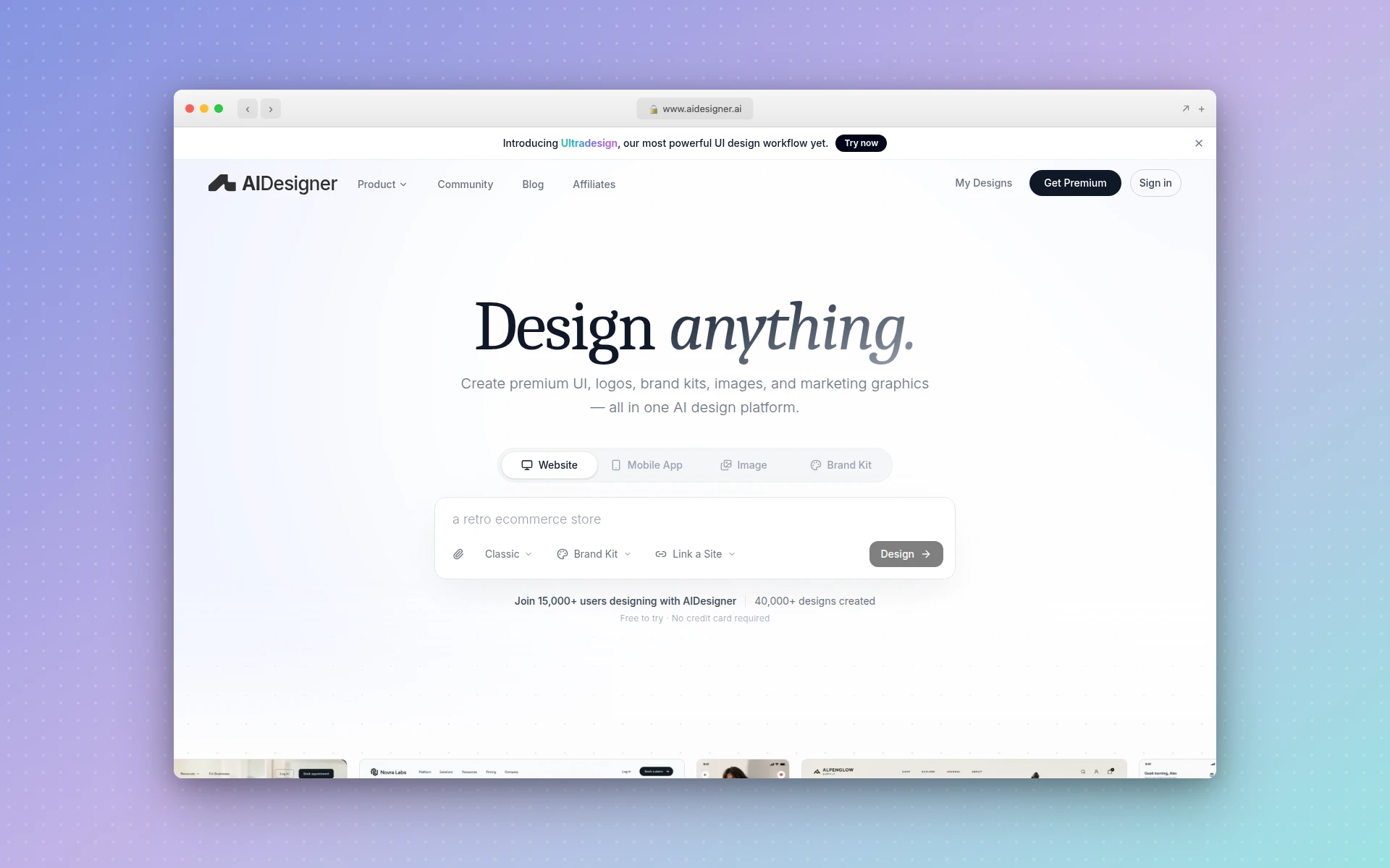 AIDesigner homepage showing AI generation of responsive website designs from a prompt