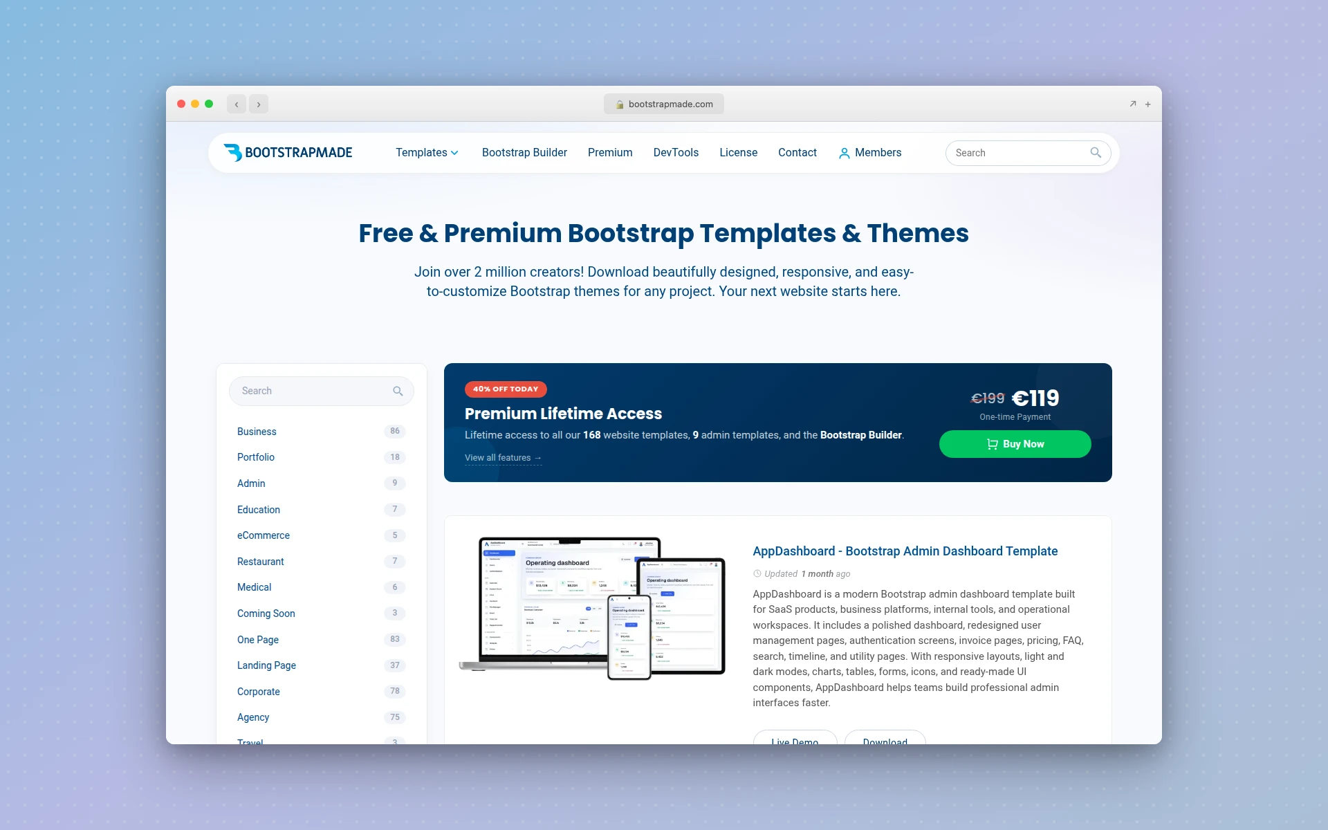 BootstrapMade homepage showing free templates built on Bootstrap 5