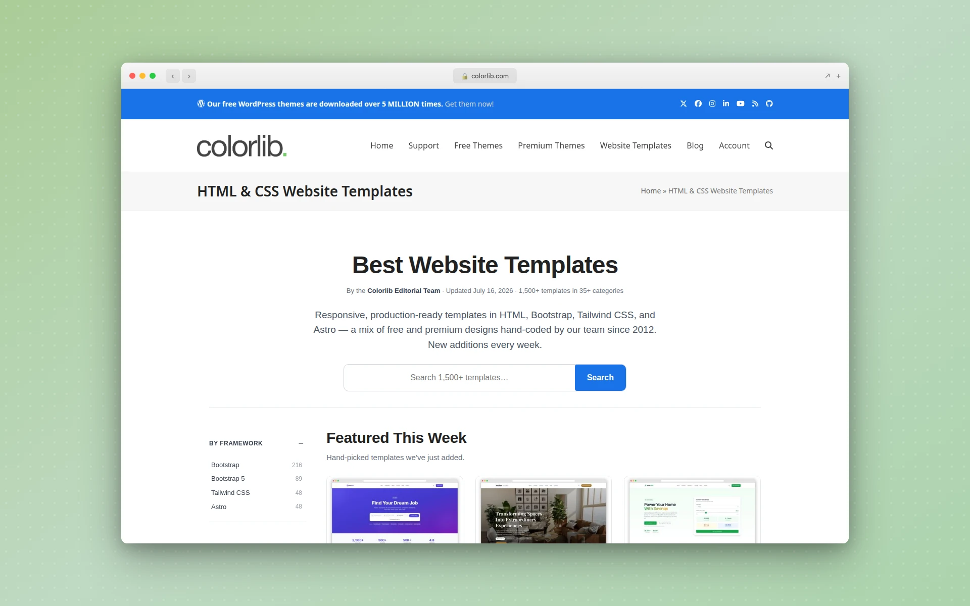 Colorlib templates page showing curated responsive website templates