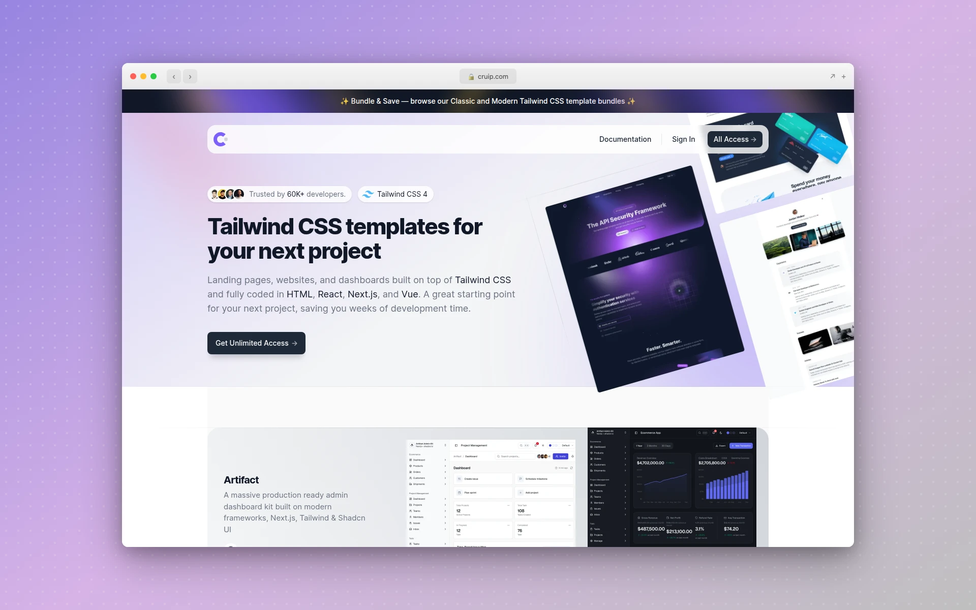 Cruip homepage showing modern Tailwind and HTML landing-page templates