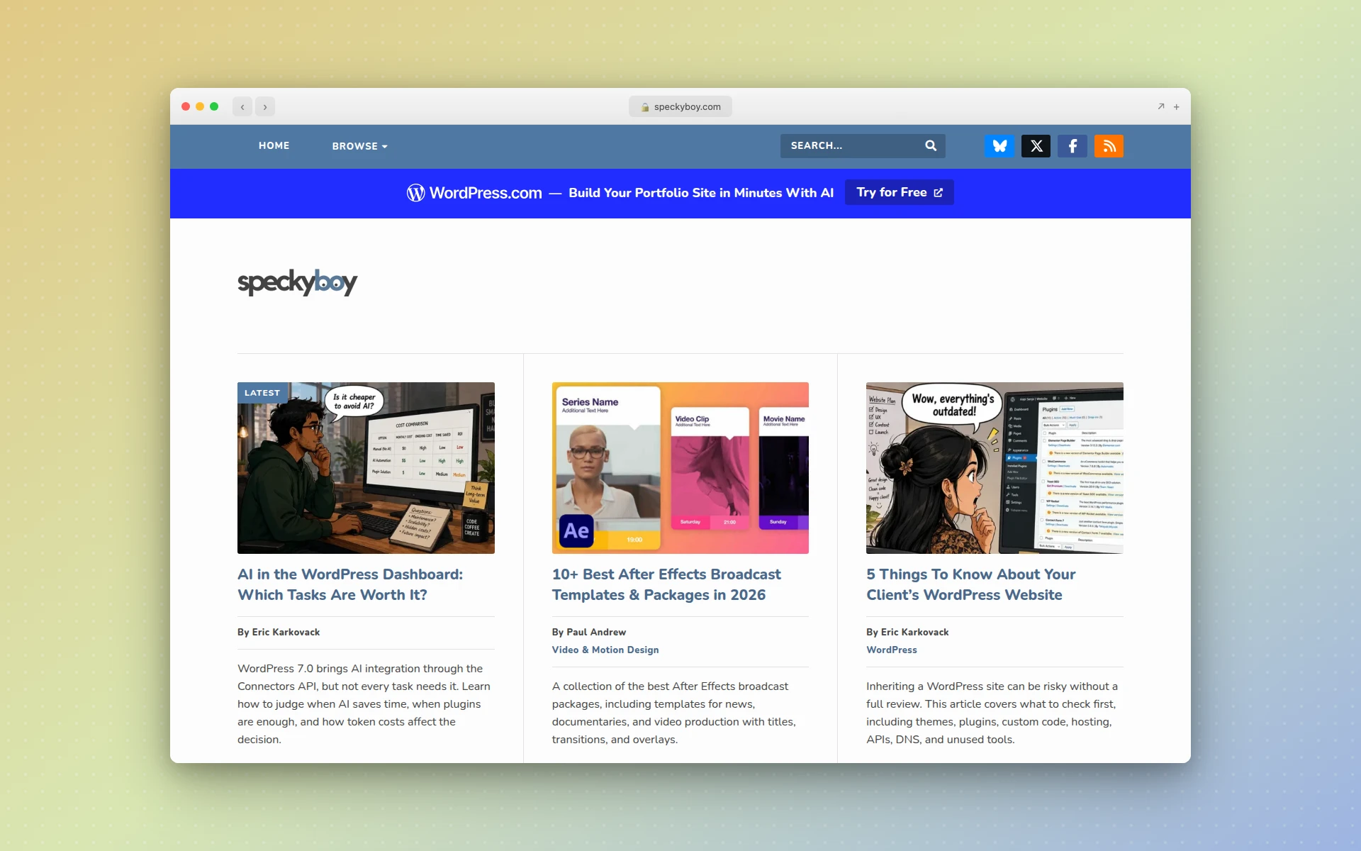 Speckyboy homepage showing curated editorial roundups of free web templates