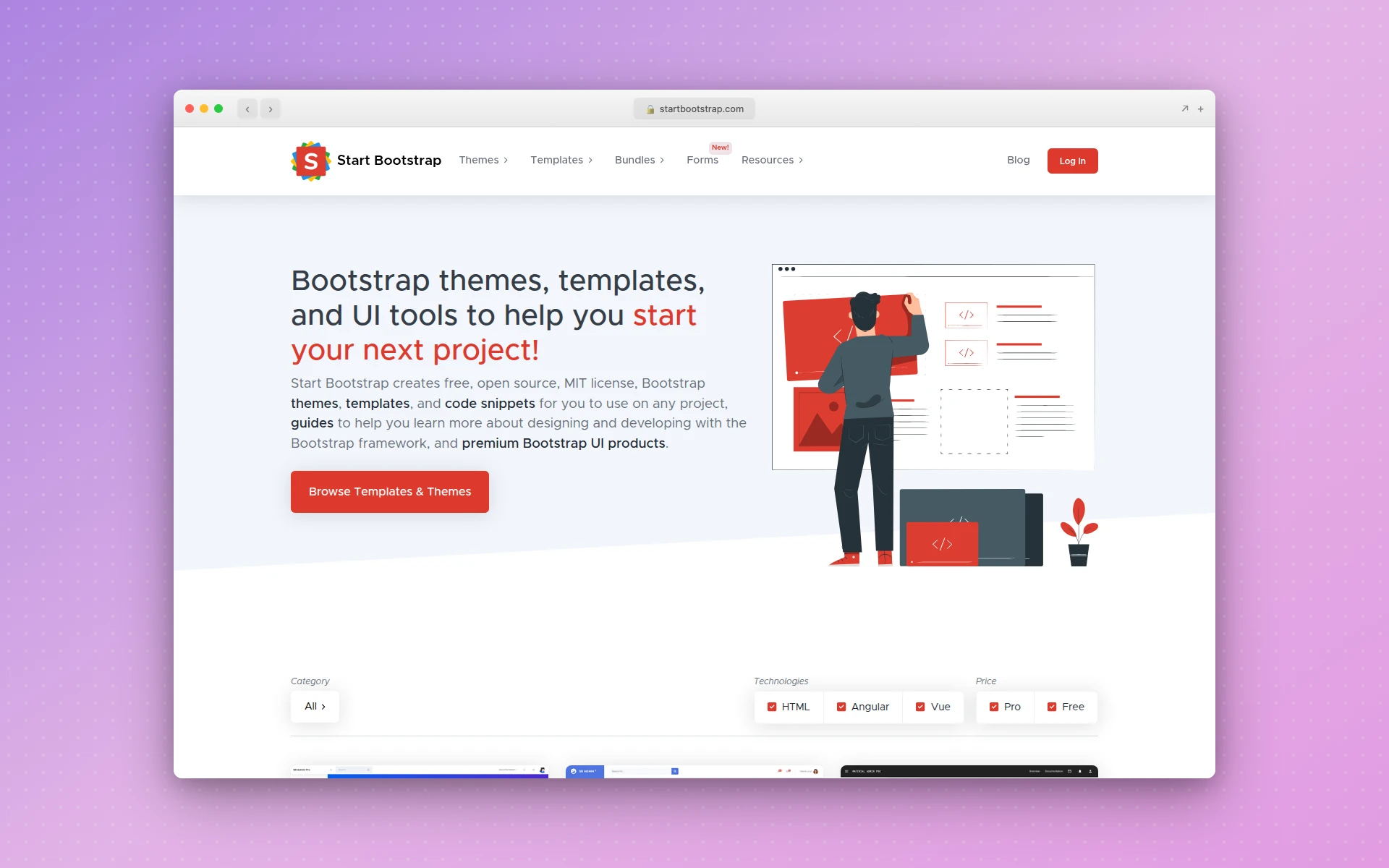 Start Bootstrap homepage showing free open-source Bootstrap 5 themes