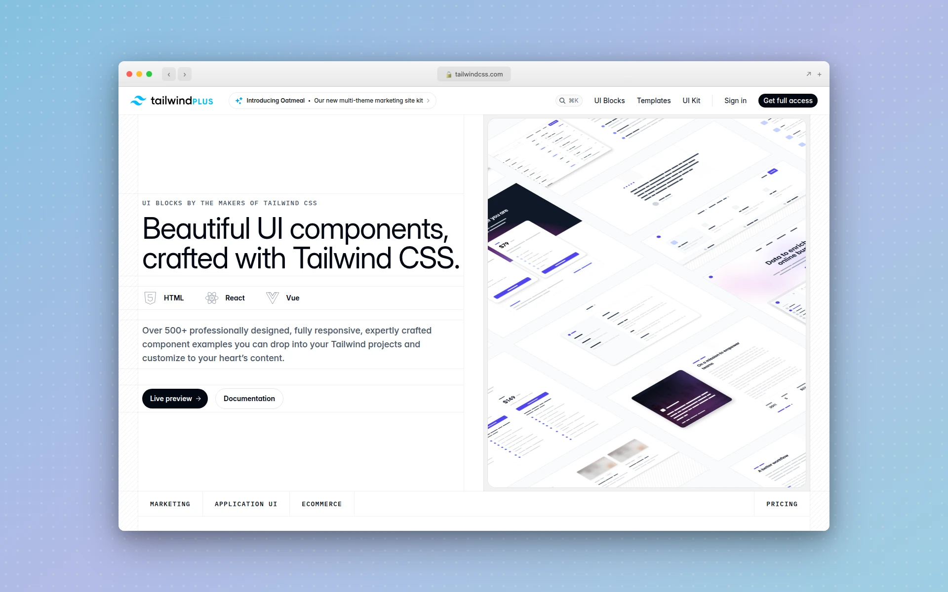 Tailwind Plus UI blocks page showing responsive component and page sections
