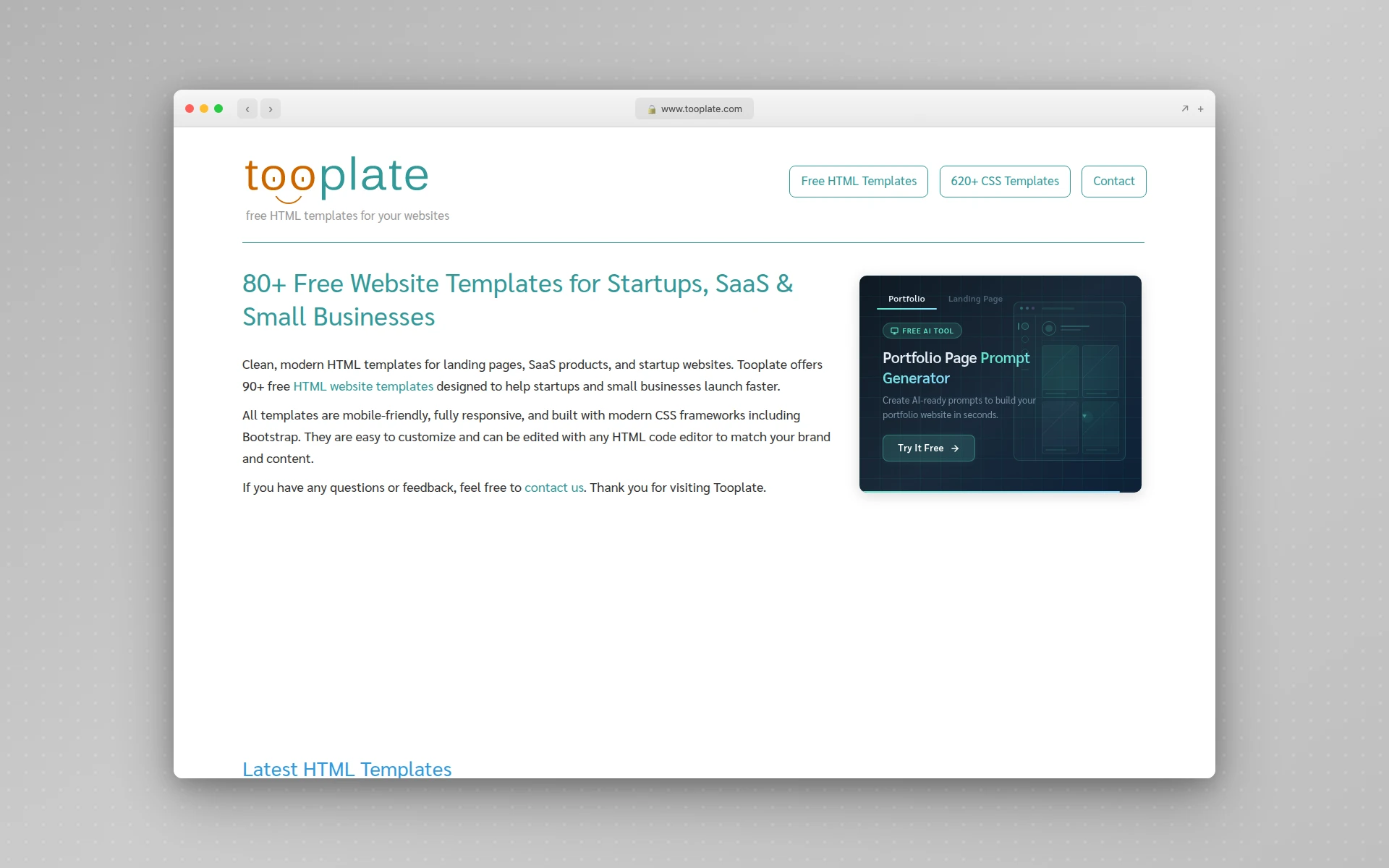 Tooplate homepage showing free HTML templates for startups and small businesses