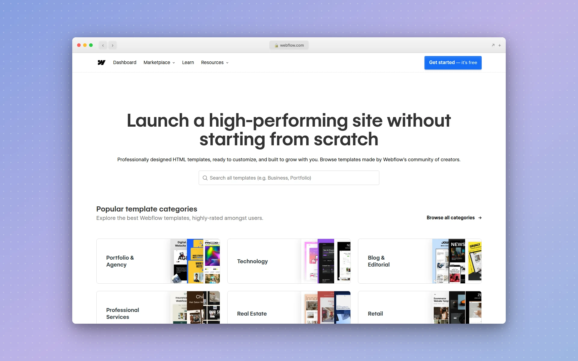 Webflow templates page showing responsive templates you customize visually