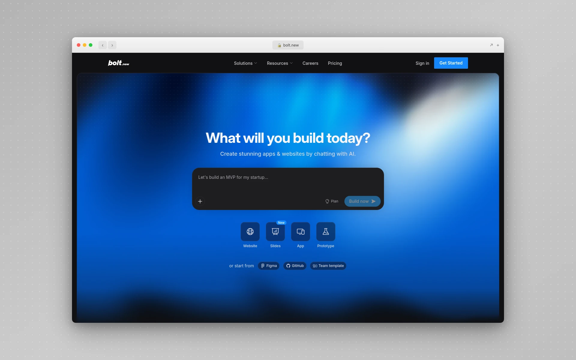 Bolt.new homepage showing its prompt box for building full-stack apps in the browser