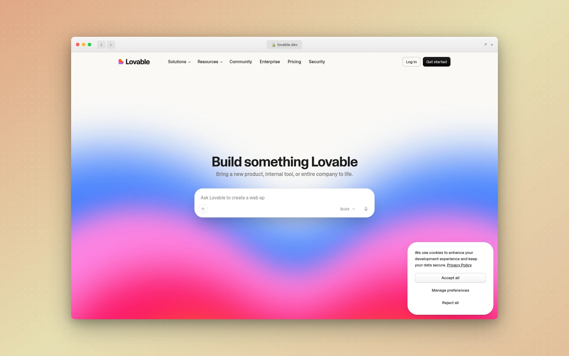 Lovable homepage showing its chat-to-build interface