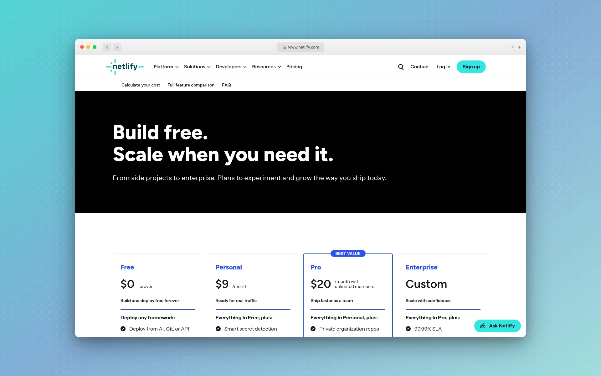 Netlify pricing page showing the free plan with 300 monthly credits