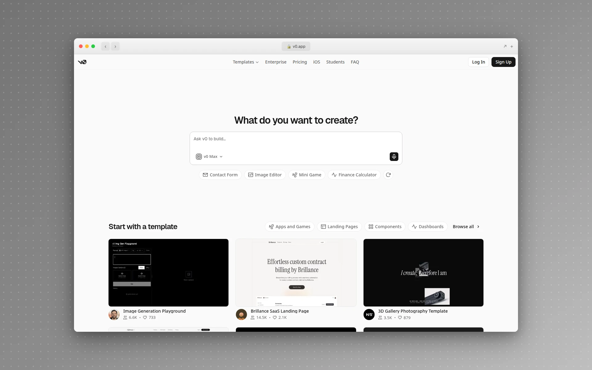 v0 by Vercel homepage for generating React components