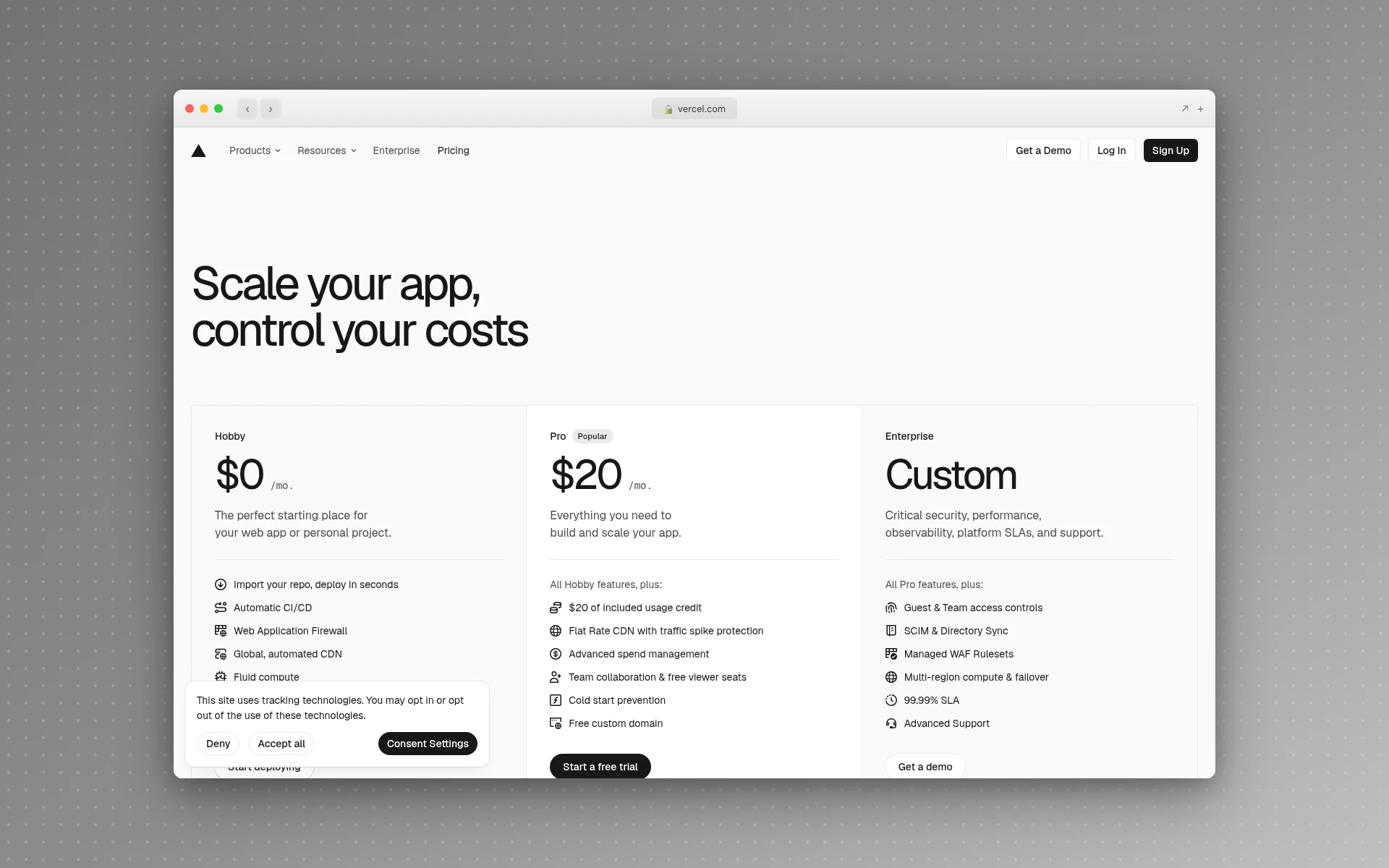 Vercel pricing page showing the free Hobby tier