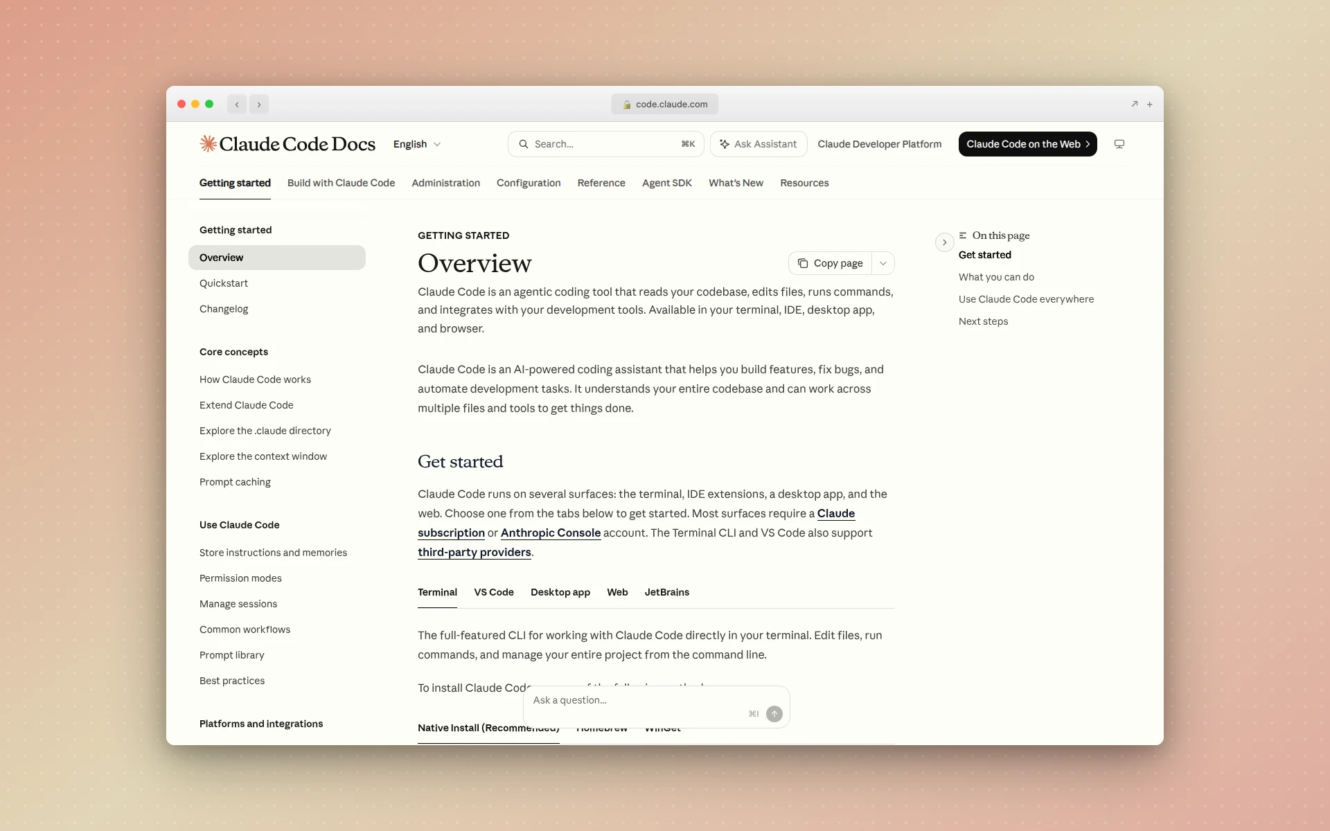 Anthropic's Claude Code documentation showing the terminal, IDE, desktop, and web install options