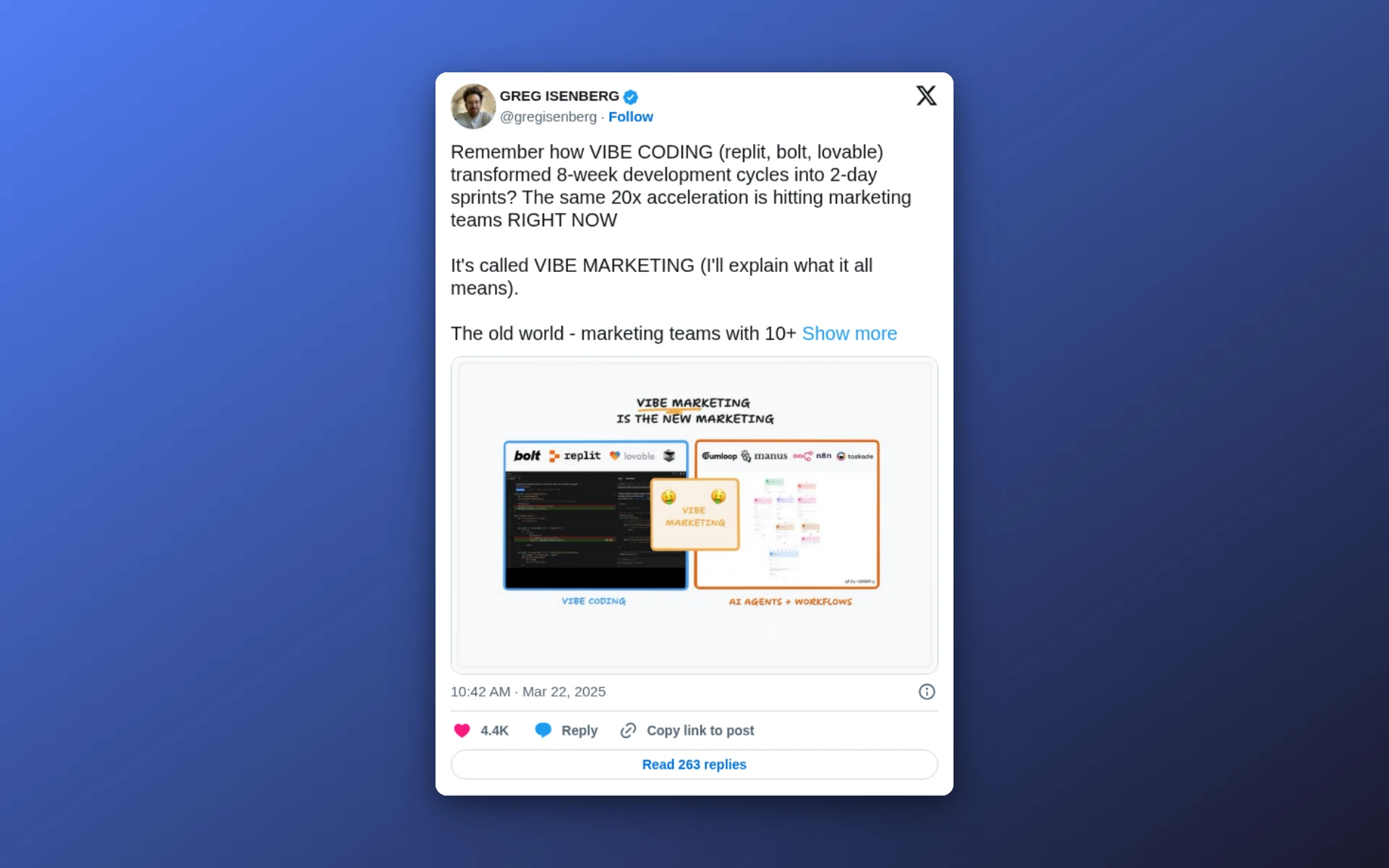 Greg Isenberg's March 22, 2025 post on X announcing vibe marketing