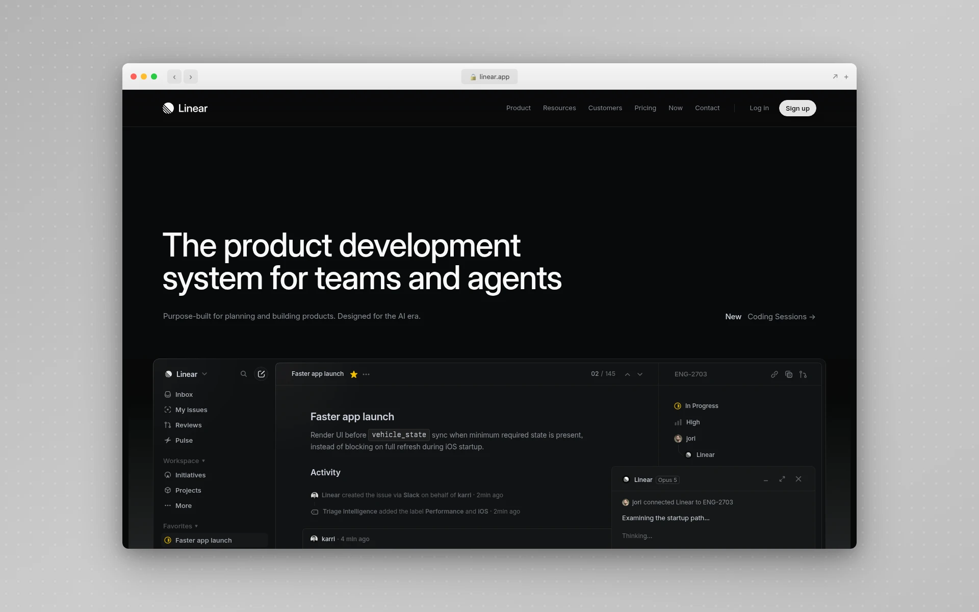 Linear's dark homepage hero with a large headline above a cropped screenshot of the Linear app