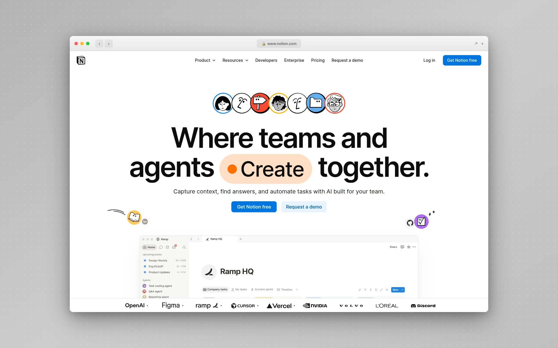 Notion's homepage hero with a centered headline, two buttons, a product screenshot, and a customer logo row