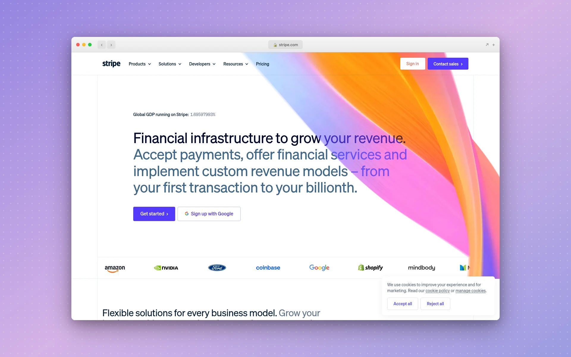 Stripe's homepage hero with left-aligned headline, dual call-to-action buttons, and a customer logo row