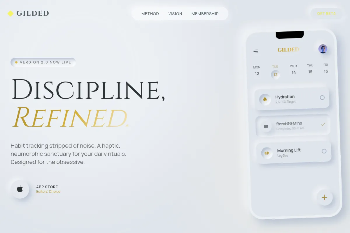A minimalist white black and gold neumorphic design for an ios app