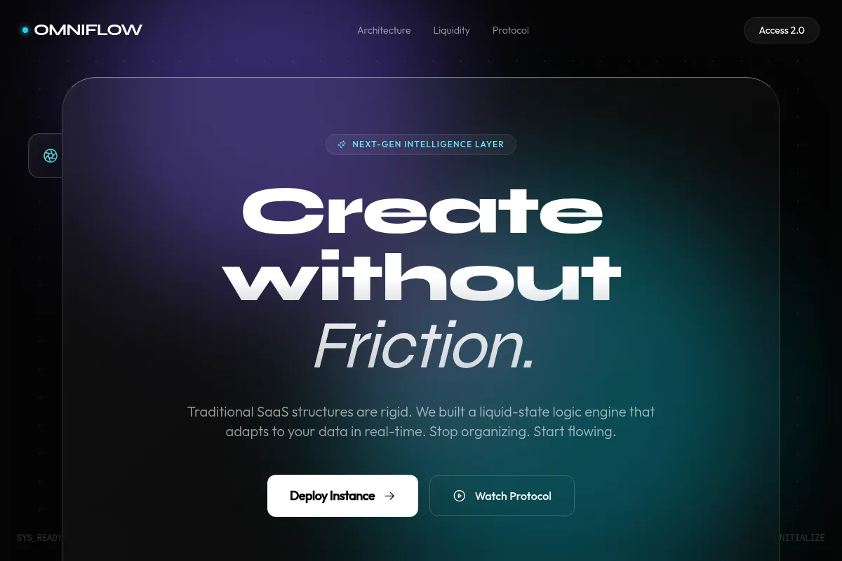 A landing page hero for a futuristic SaaS. Use liquid-glass UI: a large central glass card with refraction, subtle chromatic edges, blurred gradient blobs behind it, and a clean CTA row