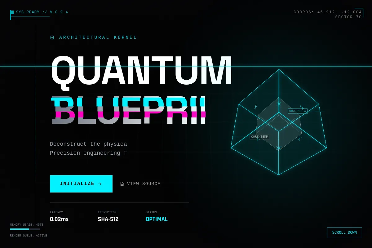 Website with a holographic blueprint aesthetic: dark background, fine grid lines, technical labels, a floating wireframe 3D object