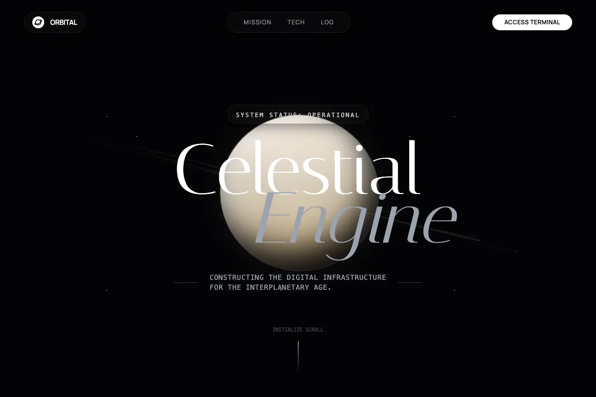 A hero section with a 3d model of Saturn floating in the background, with stars scattered around it.