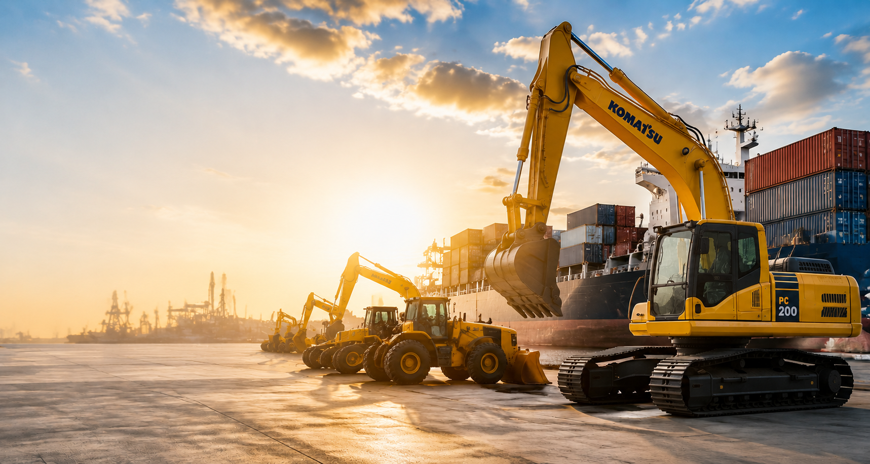 Heavy construction machinery at a Japanese port ready for export